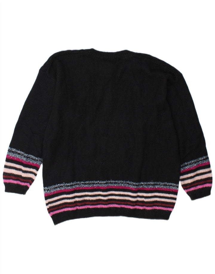 Vintage Damen Pullover mit grafischem Knopfkragen, UK 14, groß, schwarz gestreift