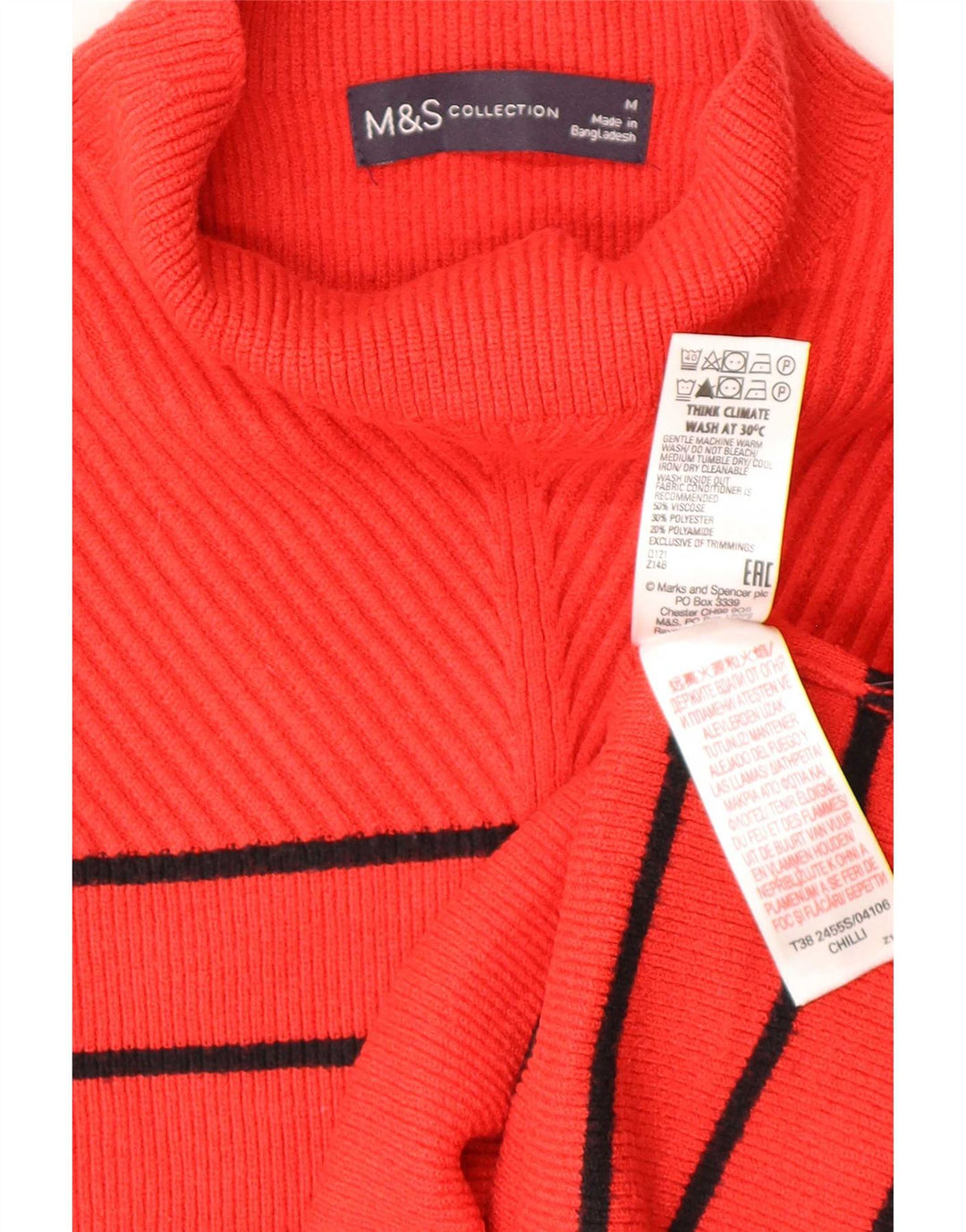 Marks & Spencer Rollkragenpullover für Damen, Gr. 14, mittelrot gestreift