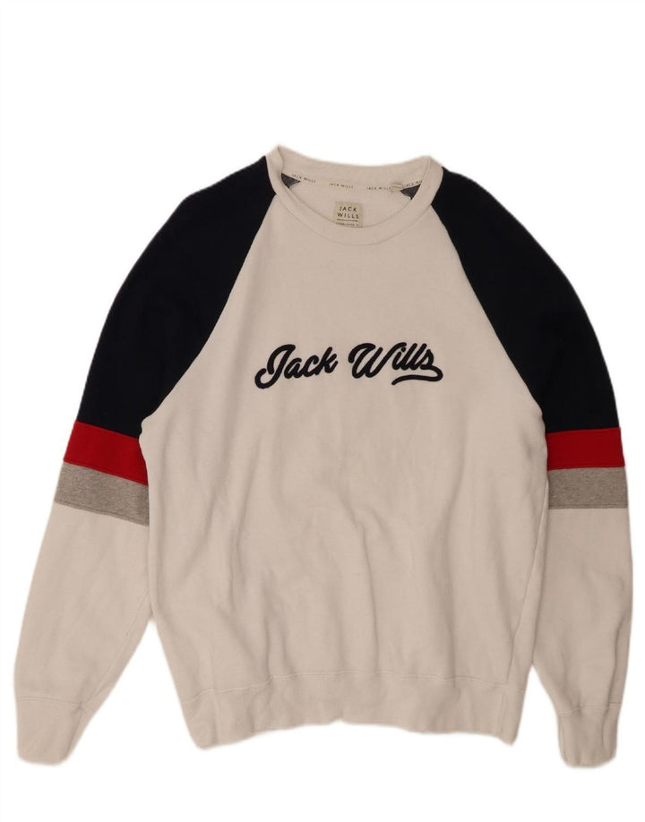 JACK WILLS Mens Graphic Sweatshirt Jumper Large White Colourblock Cotton