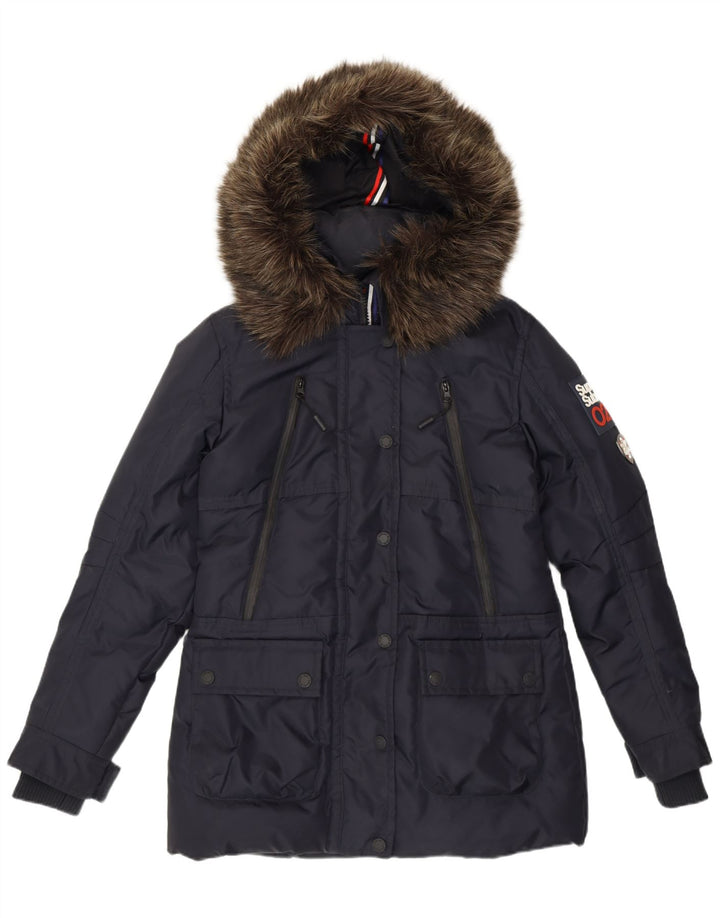Superdry Womens Graphic Hooded Wattierte Jacke UK 12 Medium Marineblau Nylon