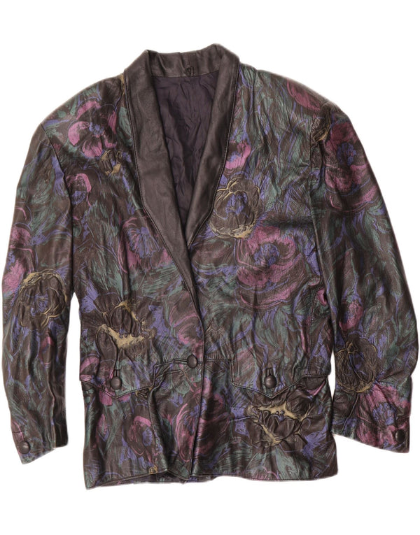 VINTAGE Damen Lederjacke UK 16 Großes schwarzes Blumenleder