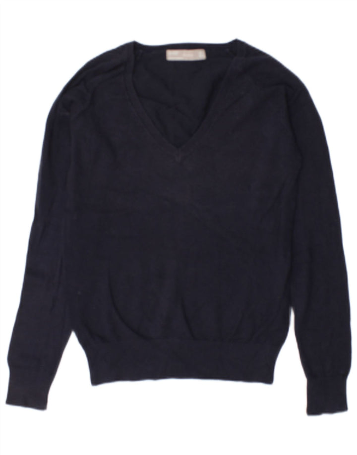 Zara Damen-Pullover mit V-Ausschnitt, UK 14, mittelmarineblaue Baumwolle