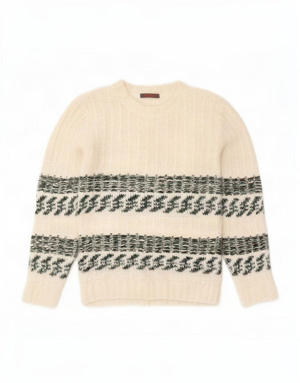 Vintage Damen Rundhalspullover Pullover UK 14 Medium White Fair Isle Wolle