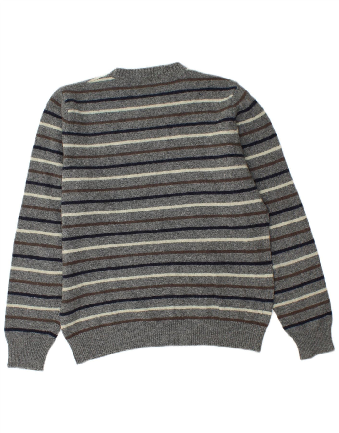 Benetton Herren-Pullover mit Rundhalsausschnitt, mittelgrau gestreift