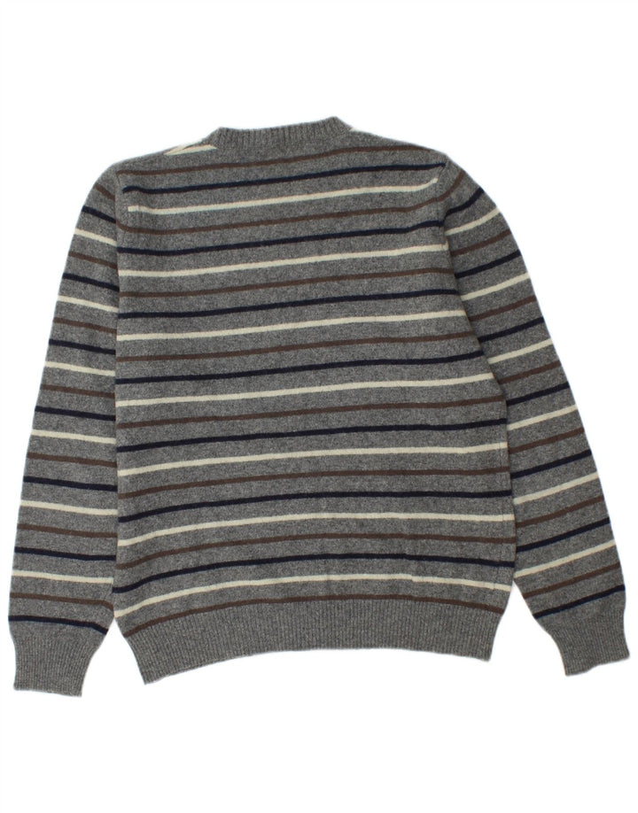 Benetton Herren-Pullover mit Rundhalsausschnitt, mittelgrau gestreift