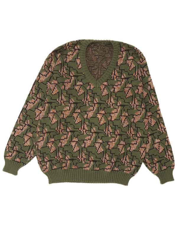 Vintage Herren Pullover mit V-Ausschnitt IT 52 groß grün geometrisch