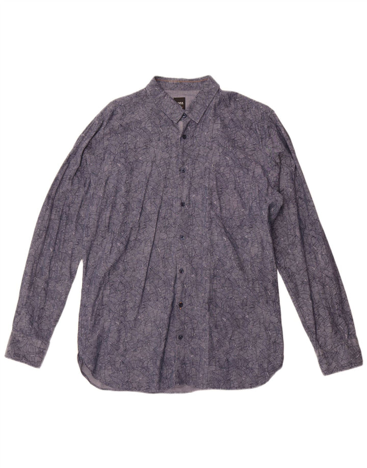 Hugo Boss Herrenhemd, groß, marineblau, geblümt, Baumwolle
