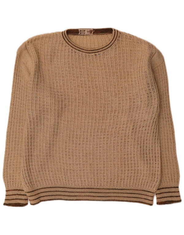 Vintage Mens Boat Neck Jumper Sweater Medium Beige Striped