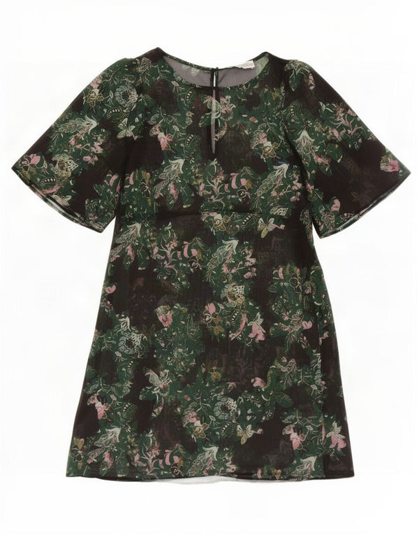 Zara Damen 3/4-Ärmel Durchsichtiges A-Linien-Kleid UK 6 XS Grün geblümt