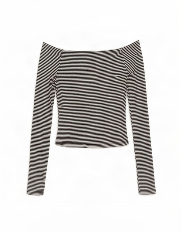 Zara Womens Long Sleeve Off Shoulder Top UK 8 Small Black Striped Polyester