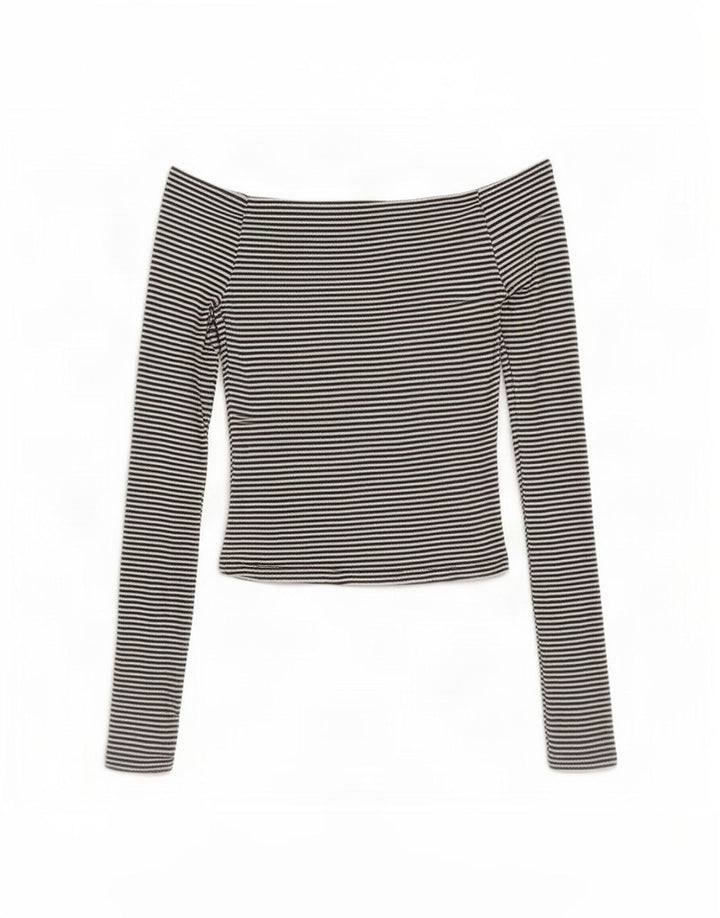 Zara Womens Long Sleeve Off Shoulder Top UK 8 Small Black Striped Polyester
