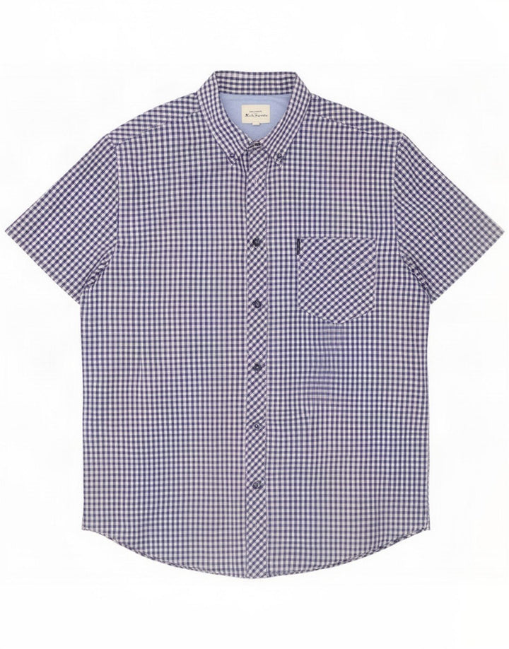 Ben Sherman Mens Short Sleeve Shirt Medium Blue Gingham Cotton
