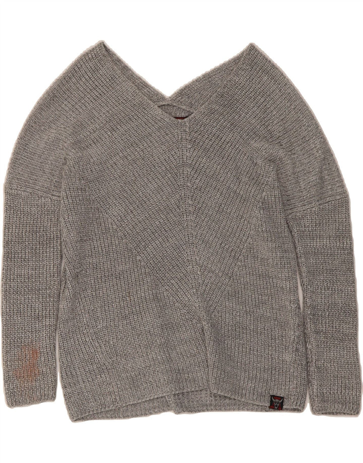 SUPERDRY Womens Oversized V-Neck Jumper Sweater UK 12 Medium Grey Acrylic Vintage Superdry and Second-Hand Superdry from Messina Hembry 