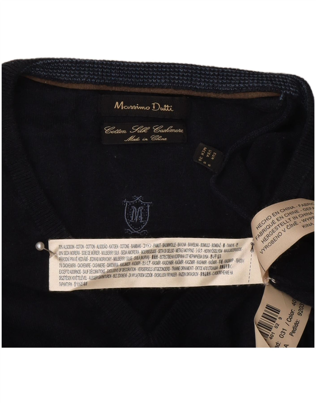Massimo Dutti Herren-Pullover mit V-Ausschnitt, Größe S, marineblaue Baumwolle