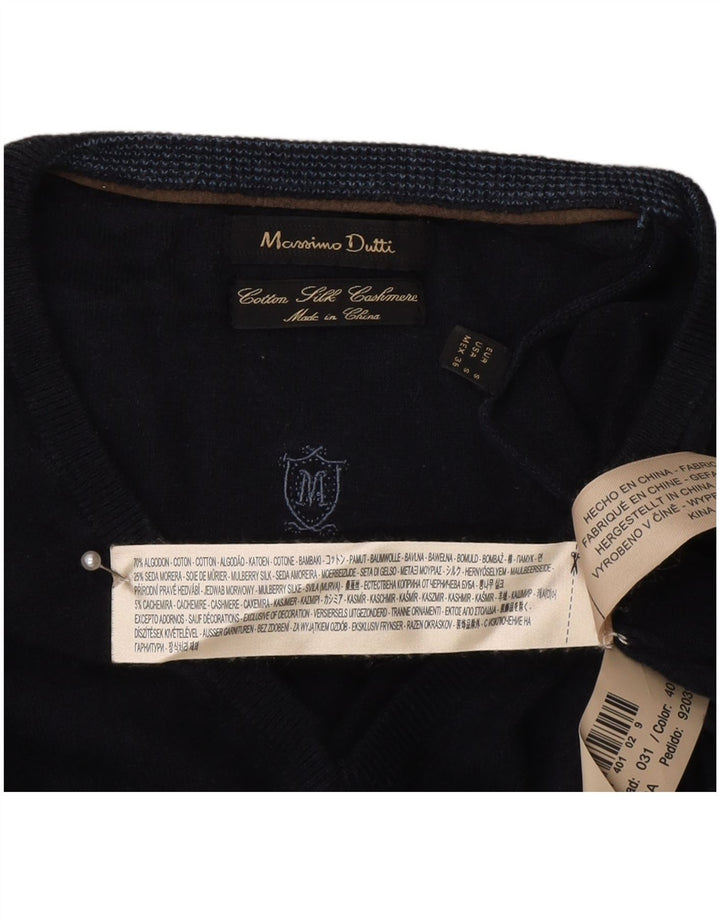 Massimo Dutti Herren-Pullover mit V-Ausschnitt, Größe S, marineblaue Baumwolle