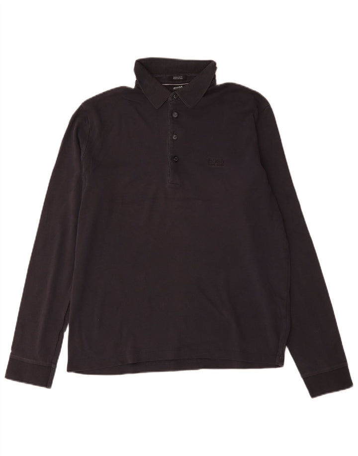 Hugo Boss Herren-Langarm-Poloshirt mit normaler Passform, mittelschwarze Baumwolle