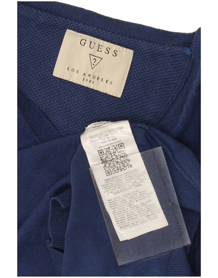 GUESS Mens V-Neck Jumper Sweater  UK 40 Medium Blue Cotton