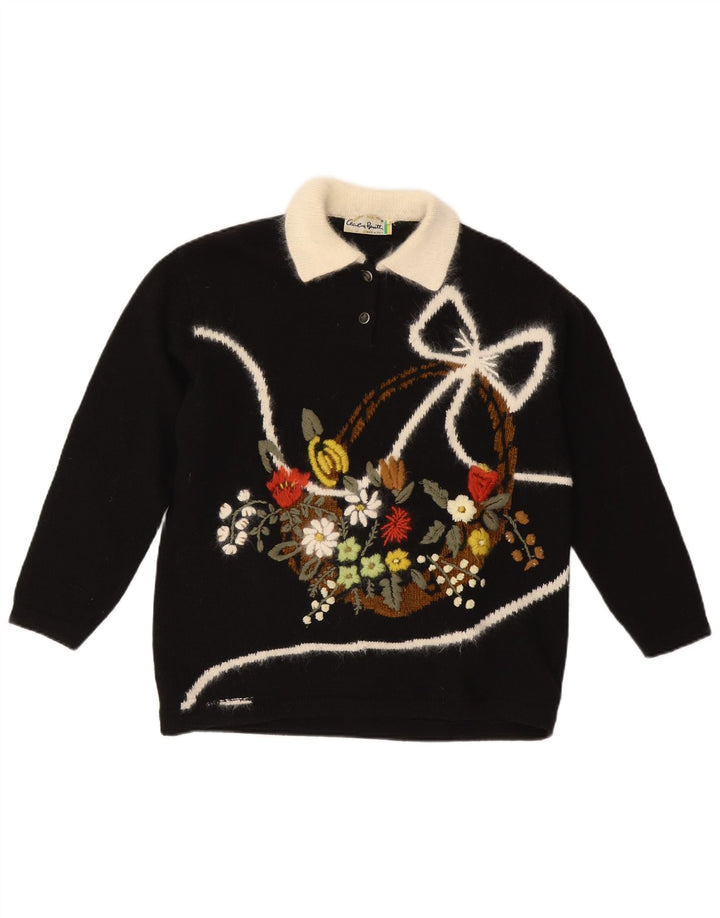 CECILIA BENETTI Damen-Pullover mit Polokragen, Gr. 14, mittelschwarz, geblümt