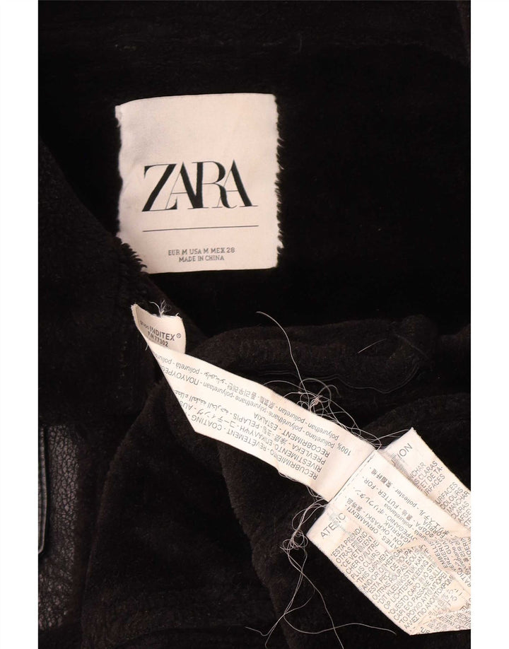 Zara Damen Kunstleder-Sherpa-Jacke UK 14 Mittelschwarzes Polyurethan