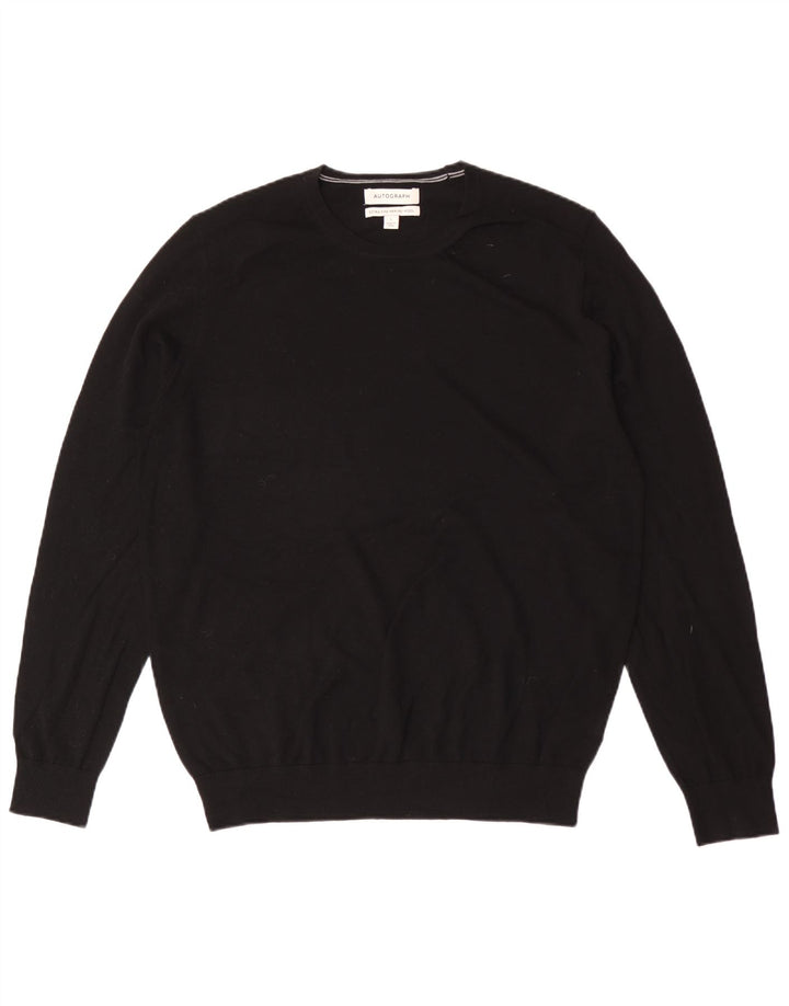 Autograph Herren-Pullover mit Rundhalsausschnitt, groß, schwarze Merinowolle