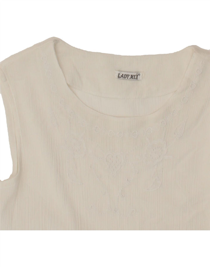 VINTAGE Womens Sleeveless Blouse Top UK 14 Medium White Floral Vintage Vintage and Second-Hand Vintage from Messina Hembry 