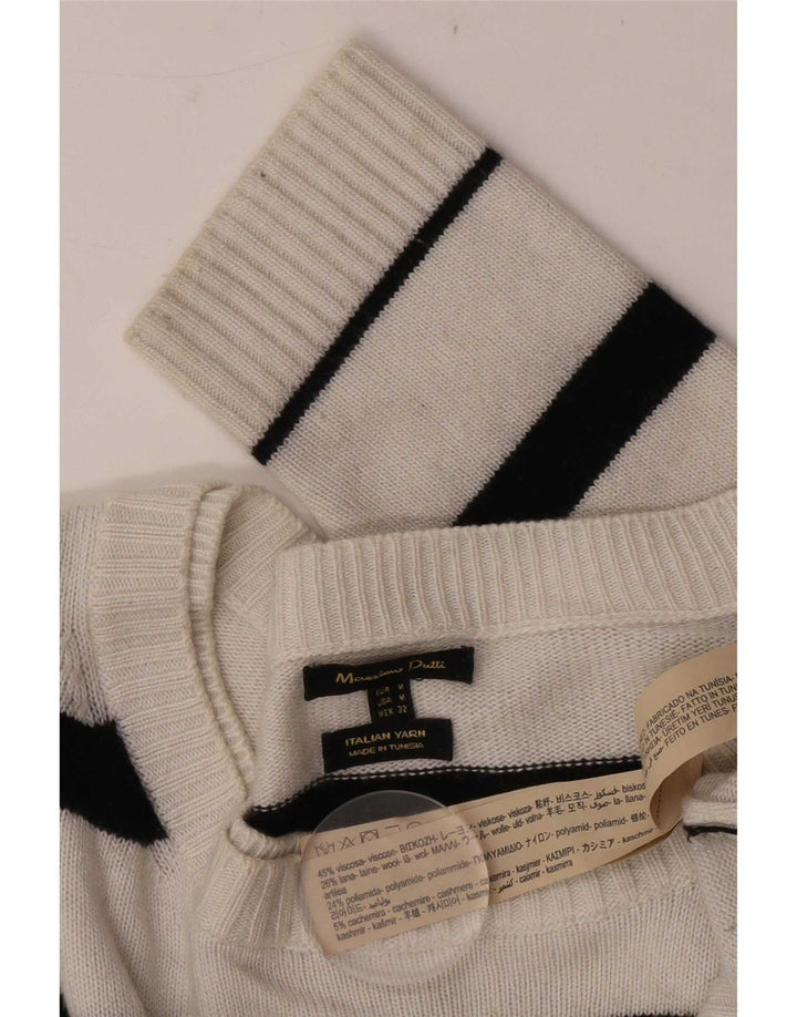 Massimo Dutti Herren-Pullover mit U-Boot-Ausschnitt, mittelweiß gestreifte Viskose