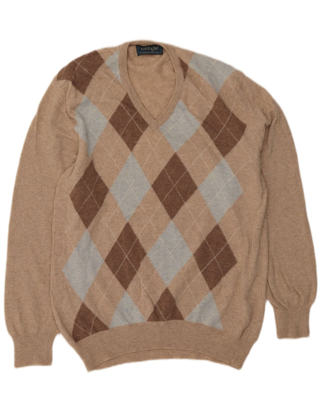 Valdoglio Herren-Pullover mit V-Ausschnitt, XL, beige Argyle/Diamond-Wolle
