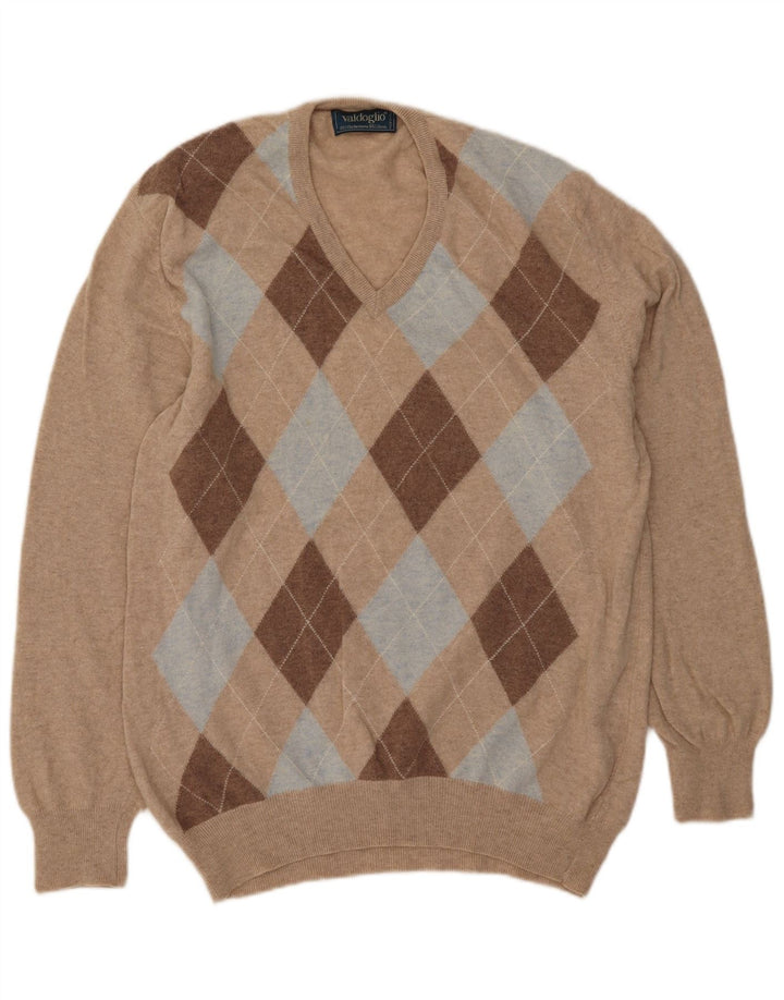 Valdoglio Herren-Pullover mit V-Ausschnitt, XL, beige Argyle/Diamond-Wolle
