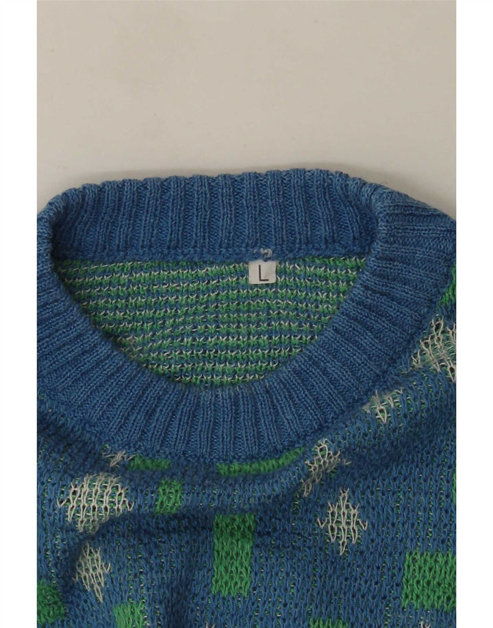 Vintage Herren Pullover mit Rundhalsausschnitt, groß, blau, geometrisch