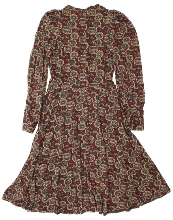 Vintage Damen Langarm-A-Linien-Kleid UK 12 Medium Burgundy Floral