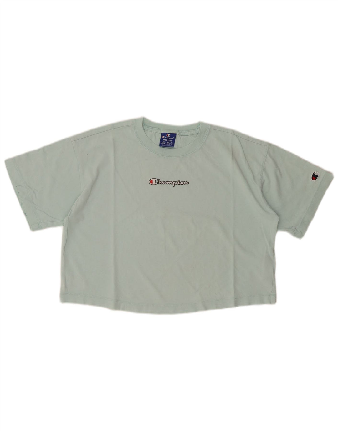 CHAMPION Damen Crop Graphic T-Shirt Top UK 14 Medium Türkis Baumwolle