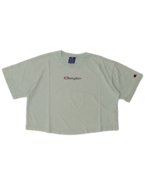 CHAMPION Damen Crop Graphic T-Shirt Top UK 14 Medium Türkis Baumwolle