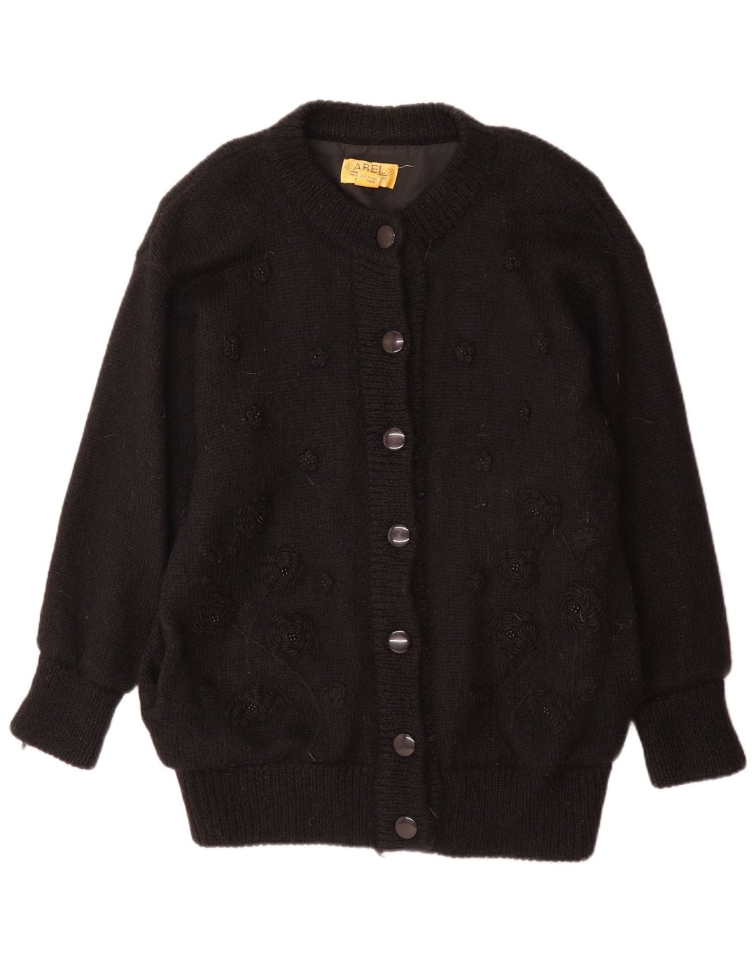ABEL Damen-Cardigan-Pullover, Einheitsgröße, schwarze Wolle mit Blumenmuster