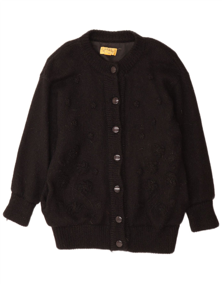 ABEL Damen-Cardigan-Pullover, Einheitsgröße, schwarze Wolle mit Blumenmuster