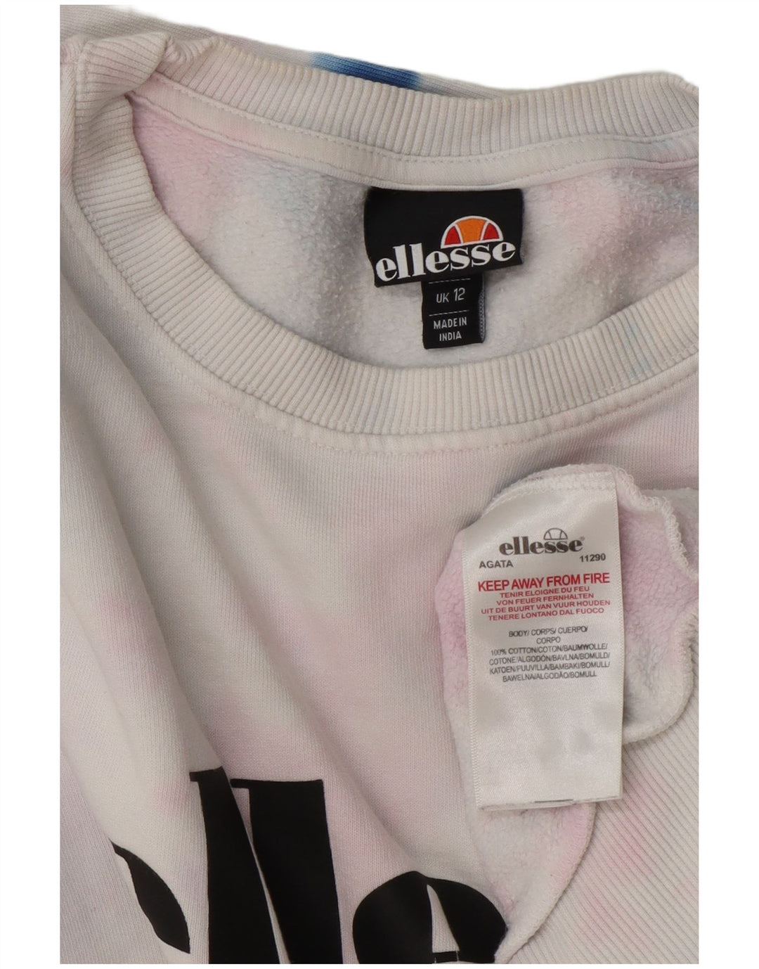 Ellesse Womens Graphic Sweatshirt Pullover UK 12 Mittelweiße Batik-Baumwolle