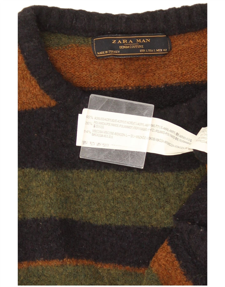 Zara Herren-Pullover mit Rundhalsausschnitt, groß, mehrfarbig, gestreift, Acryl