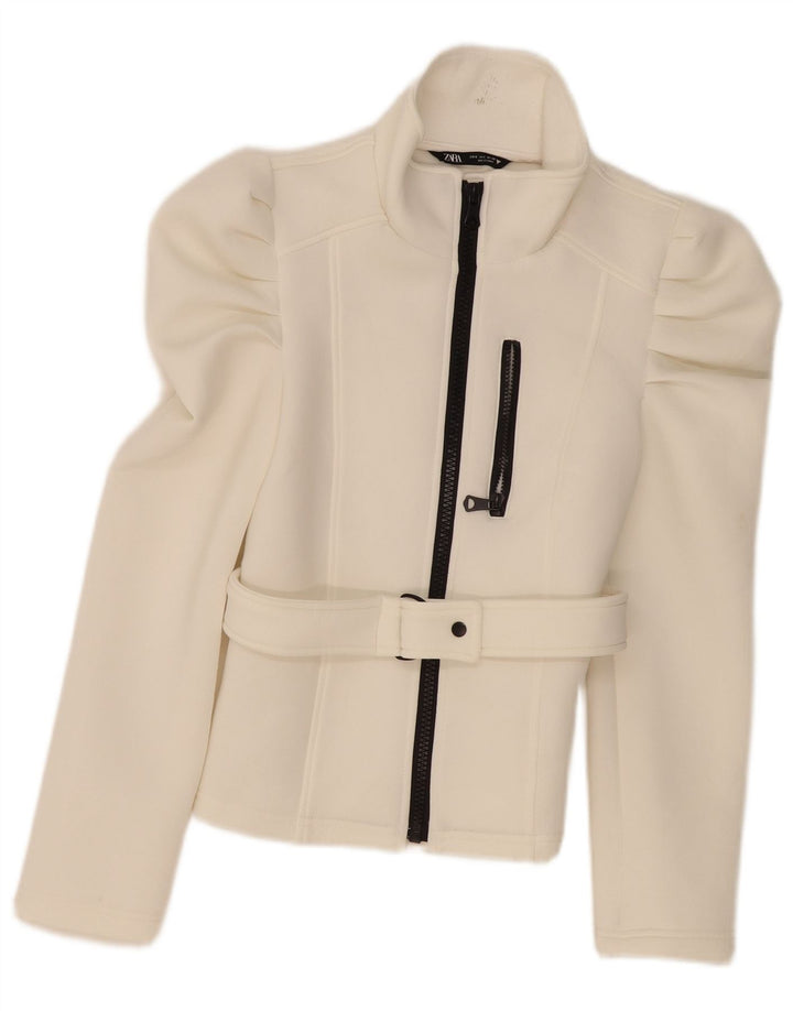 Zara Damen Bomberjacke UK 10 Small Weiß Polyester