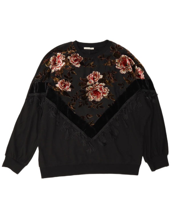 Zara Damen-Pullover, übergroß, Rundhalsausschnitt, Gr. 10, Größe S, Schwarz, Blumenmuster