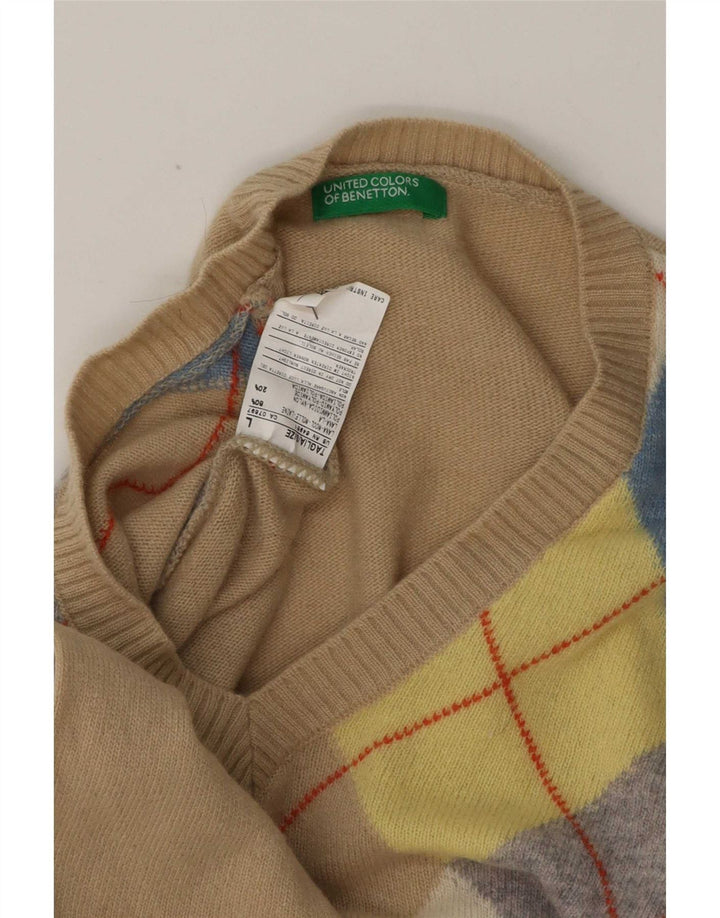 Benetton Herren-Pullover mit V-Ausschnitt, groß, Beige, Argyle-/Diamant-Wolle