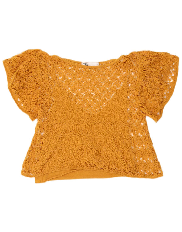 Zara Damen Crop Crochet Durchsichtiges Top UK 10 Small Gelb