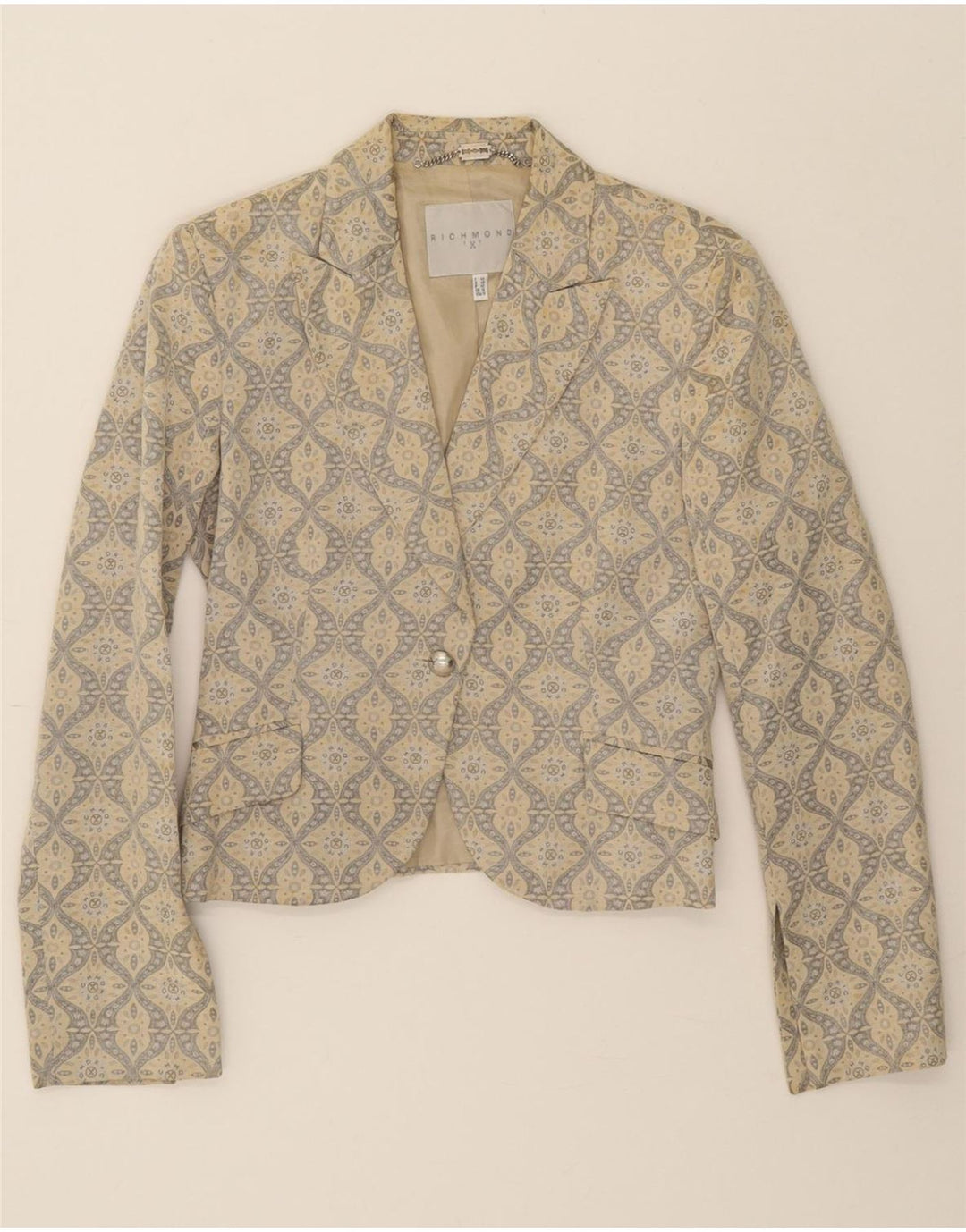 RICHMOND Womens 1 Button Blazer Jacket UK 12 Medium Beige Paisley Cotton Vintage Richmond and Second-Hand Richmond from Messina Hembry 