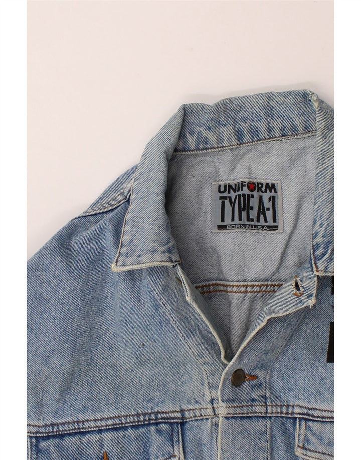 UNIFORM Womens Graphic Denim Gilet UK 14 Medium Blue Vintage Uniform and Second-Hand Uniform from Messina Hembry 