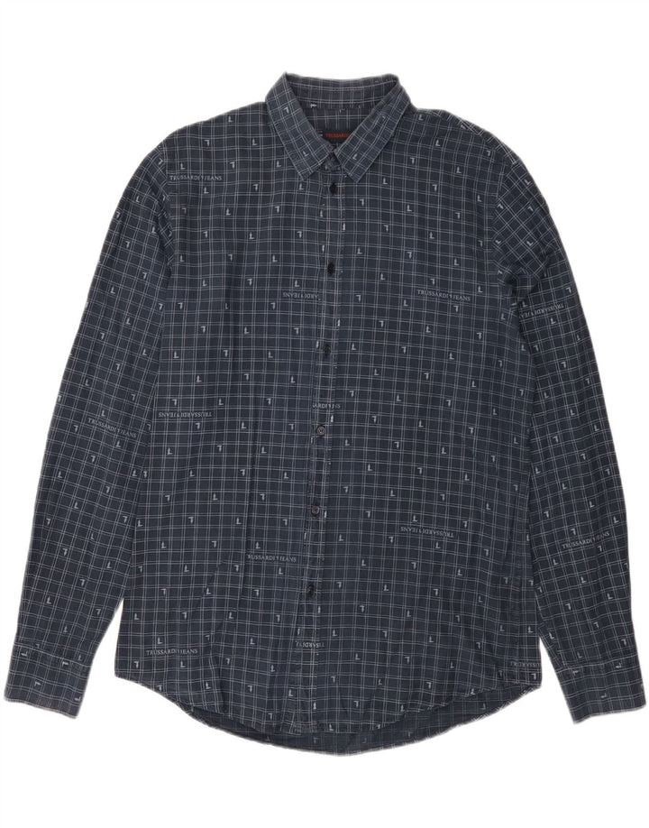 Trussardi Jeans Herrenhemd Größe 42 Large Marineblau Gingham