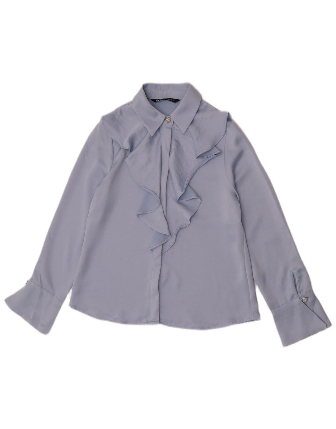 Zara Damen-Hemdbluse mit Rüschen vorne, UK 6, XS, Blau, Polyester