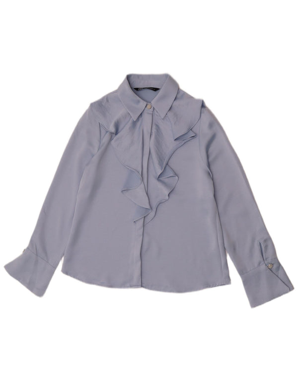 Zara Damen-Hemdbluse mit Rüschen vorne, UK 6, XS, Blau, Polyester