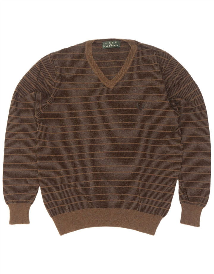 Fred Perry Herren-Pullover mit V-Ausschnitt, mittlerer Khaki-Streifen aus Wolle