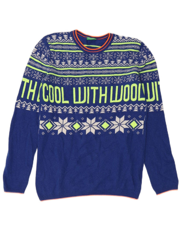 Benetton Boys Crew Neck Jumper Sweater 10-11 Years XL Blue Fair Isle