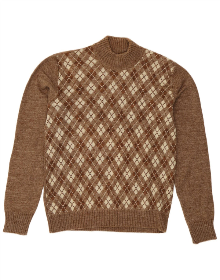 Vintage Damen Rollkragenpullover Pullover UK 16 Groß Braun Argyle/Diamant