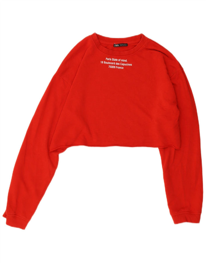 Zara Damen Graphic Crop Sweatshirt Pullover UK 14 Mittelrote Baumwolle