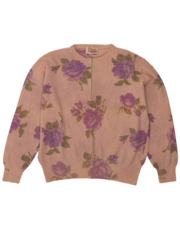 Etam Damen-Pullover mit Reißverschluss am Hals, UK 14, mittelrosa, geblümte Wolle